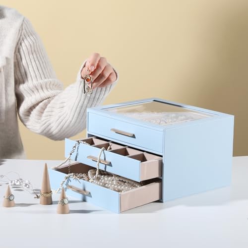 Frebeauty Jewelry Box for Women,Clear Lid Jewelry Organizer with 3 Drawers - color: Sky Blue, size: 3 Drawer