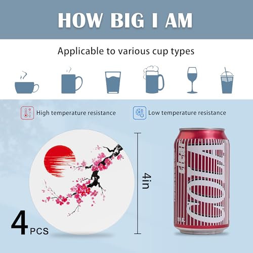 Drink Coasters Set of 4,Cherry Blossom Japanese Painting Coasters for Drinks Ceramic Coasters with Cork Bottom for Kinds of Mugs and Cups,Home Decor,4'' - color: Cherry Blossom Japanese Painting