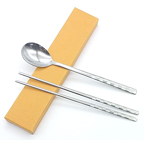 GARASANI Korean Traditional Cutlery Stainless Steel Spoons and Chopsticks Set (Silver Check) - color: Silver Check