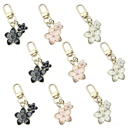 9Pcs Daisy Flower Keychains Gold Alloy Lobster Clasp Bag Charms for Handbags Backpacks Car Keys Women Accessories Set - color: Black, White, Pink