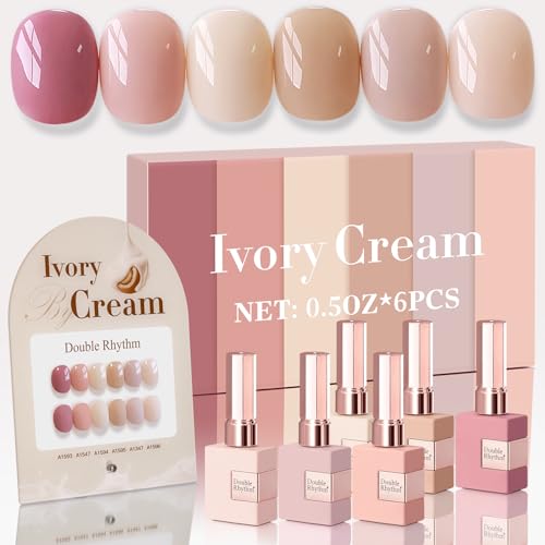 Double Rhythm 6 Pcs 15 ML Gel Polish Set Same Color Same Bottle Soak Off Gel Polish Kit Nail Art Manicure Salon DIY at Home for Women (Light Dark Nude Beige Cream Pink-T6-18) - color: Ivory Cream