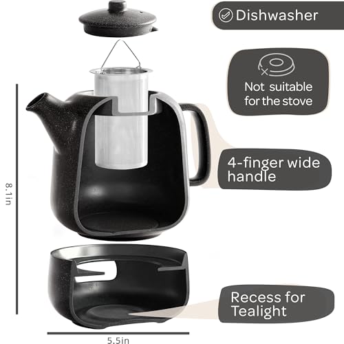 Steinzeit Design Tea Pot with Warmer (44 oz) - Premium Ceramic Teapot with Infuser for Loose Tea - Black Teapot Ceramic with Removable Steamer - size: 44 oz with warmer