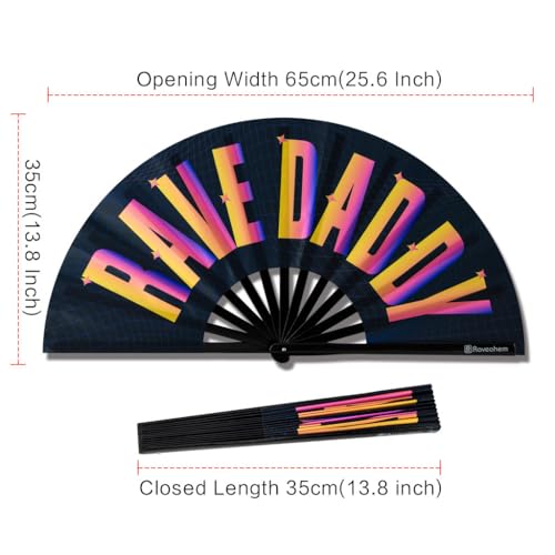 UV Glow Rave Fan, Bamboo Folding Clack Hand Fans Foldable for Men Women, Poping Fan for EDM Festival Line Dance Decoration, (Rave Daddy, Large 13") - color: Rave Daddy, size: Large 13"