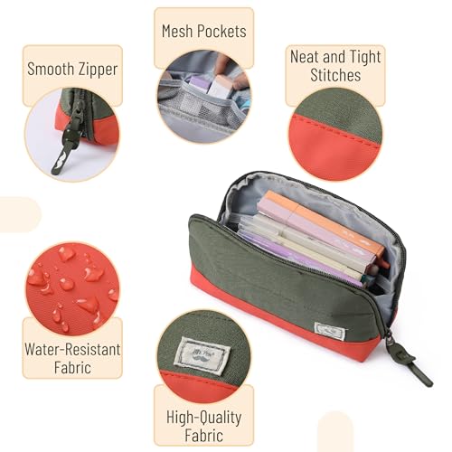 Mr. Pen- Wide-Opening Pencil Case, Triangle Design - color: Olive Green & Orange