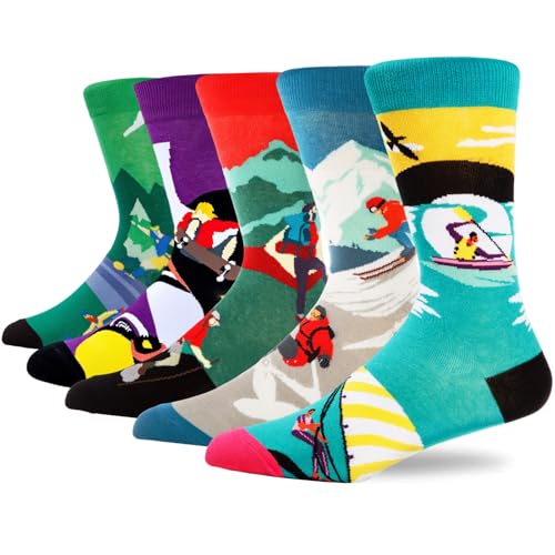 Colorful Funny Novelty Dress Socks for Men Women Teens Fathers Day Casual Fun Crazy Funky Graphic Crew Socks - color: 5 Pairs - Sports Themed - Skiing Snowboarding Outdoor Hiking Sailing Skateboarding Mountain Skiing Sports Illustration Pattern Socks, siz