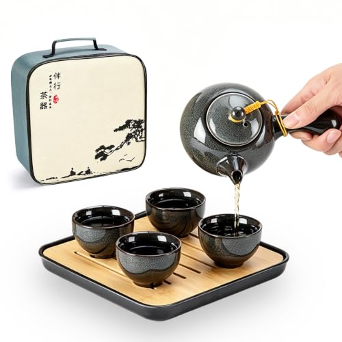 DUJUST Chinese Gongfu Tea Set, Kiln Altered Glaze Porcelain Tea Set with 1 Teapot, 4 Tea Cups & 1 Tea Tray, Portable Japanese Tea Sets with Storage Bag for Travel, Gifting, Outdoor, Grey - color: Gray