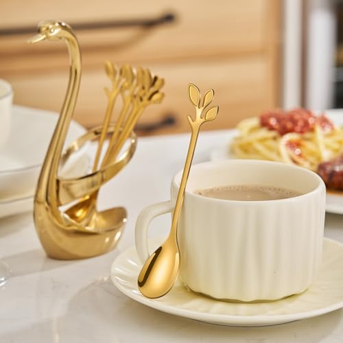 AnSaw Gold Swan Base Holder Set with 10 Pcs 4.7" Mini Leaf Spoons & Forks - color: Gold Swan