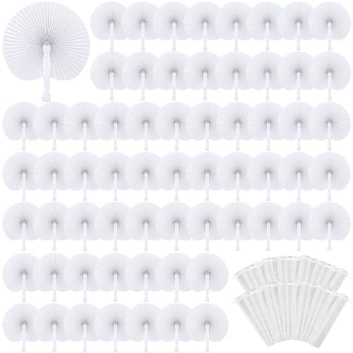 MCEAST 100 Pack Wedding Paper Fans Handheld Folding Fan White Round Shaped Folding Paper Fans Handheld Fan with Plastic Handle and Bags for Wedding Birthday Party Favors Supplies Home Decor
