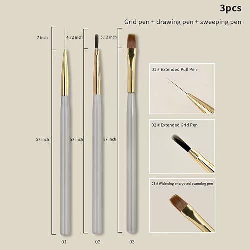 Professional Nail Art Brush Set, 3 Piece Liner Detail Brushes Kit for Gel Polish, Drawing, Painting, Precision Design