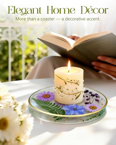 Oqplog Resin Drink Coaster for Desk Coffee Table-Purple Cute Dried Flowers Cup Coaster for Work Office Home Outdoor Decor Gifts for Girls Women,1 Pcs - color: Purple