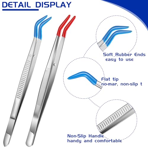 Honoson 2 Pieces Curved Bent Tweezers with Rubber Tip, Red, Blue - color: Red, Blue