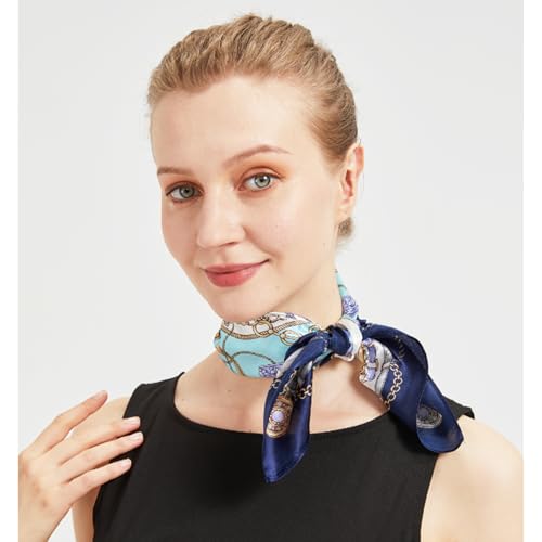 100% Mulberry Silk Neck Scarf for Women Square Neckerchief – 21 inch - color: Blue