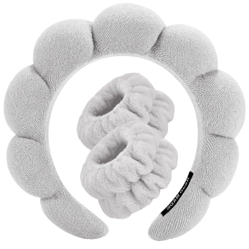 Spa Headbands for Washing Face Wristband Set Sponge Makeup Skincare Headband Wrist Towels Bubble Soft Terry Towel Cloth Hairband for Women Puffy Headwear Non Slip Thick Thin Hair Headwear (Gray) - color: Gray