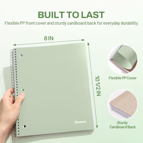 SUNEE Spiral Notebook, 1-Subject, Graph Ruled Paper, 8" x 10-1/2", 100 Sheets per Notebook, 3-Hole Punched Paper, Water Resistant Cover, Spiral Grid Notebooks for Work, Home, School, Writing, Green - color: Green