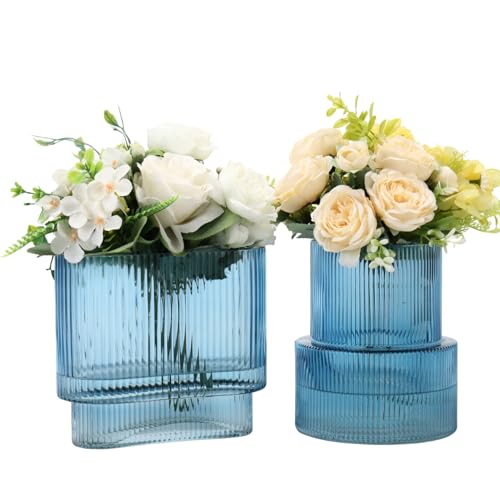 Blue Glass Vases, Set of 2 Ribbed Vases for Flowers, Blue Vase for Tulips, Modern Glass Vase for Living Room, Dining Table, Office, Entryway, Mantle, Bookshelf, Wedding Gifts - color: Blue, size: Large+Oval