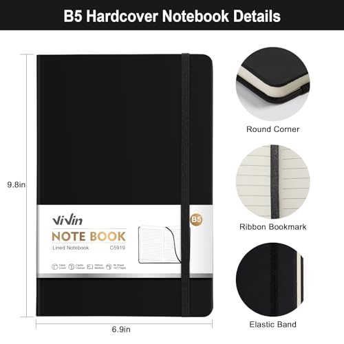 ViVin B5 Hardcover Lined Notebook,6.9x9.8 192 pg College Ruled Leather - color: Black, size: B5