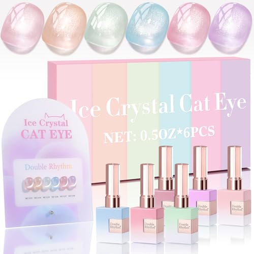 Double Rhythm Cat Eye Gel Nail Polish Set of 6 Same Color Same Bottle 0.5 Oz Shimmer Glitter with Magnet Holographic Reflective Magnetic UV Nail Polish Kit (Silver Nude Pink Blue Purple-T6-28) - color: Pale Silver Nude