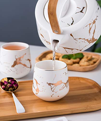 Serve of 4-Marble Porcelain Teapot Set with Infuser for Loose Tea, White - color: White