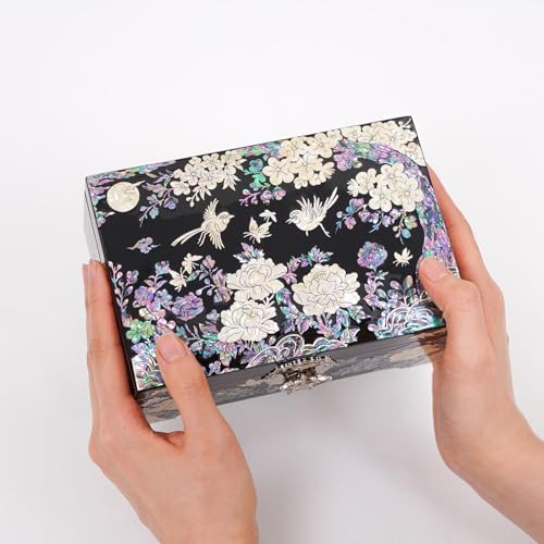 February Mountain Mother of Pearl Large Jewelry Organizer Box with Mirror – Luxury Gift for Women, Anniversary, Mother’s Day, Valentine’s Day, Christmas & Birthday Present (Black-Birds) - color: Black-Birds
