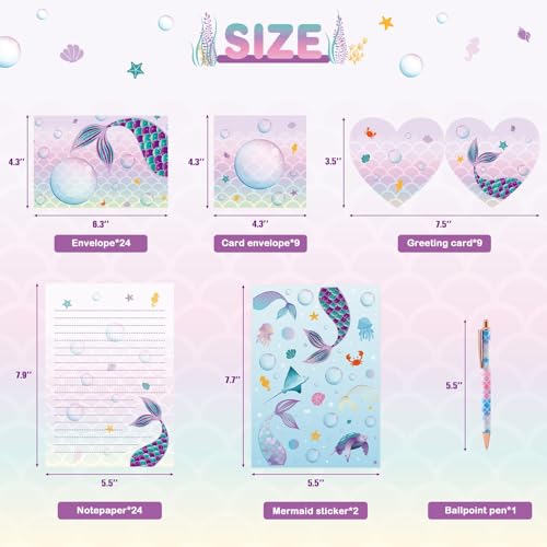WERNNSAI 69 PCS Mermaid Kids Stationery Paper and Envelopes Set for Girls - color: Mermaid