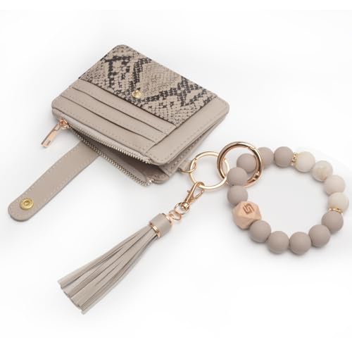 COOLANS Silicone Bracelet Wristlet Wallet Credit Card Holder RFID ID Window Key Ring Tassel Slim Wallet Women Keychain Purse - color: Grey Snakeskin