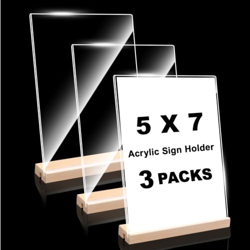 Daletu Acrylic Sign Holder 5x7 with Wood Base | 3 Packs Acrylic Tabletop Display Stand, 2 in 1 Vertical or Slant Clear Plastic Sign Frame Holder for Flyer, Menu, Retail, Buffet, Vendor, Wedding, Party - size: 3PCS (5"x7")