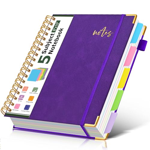 5 Subject Spiral Notebook Journal with Removable Dividers Tabs, 300 Pages Organizer Notebooks for Work School, 8"x10" Hardcover Leather Notebook College Ruled, Large Lined Journal for Women Men,Purple - color: Deep Purple, size: B5