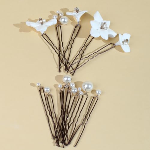 Handmade Pearl Bridal Wedding Hair Pins 13Pcs White Flowers Pearls Clips Wedding Hair Accessories for Women Brides Bridesmaid - color: Set-A-Bronze