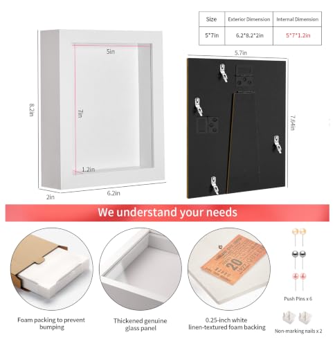 5x7 Small Shadow Box Picture Frame with Real Glass and Linen Back - color: White + Thickened Panel + Foam Packaging, size: 5x7