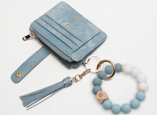 COOLANS Silicone Bracelet Wristlet Wallet Credit Card Holder RFID ID Window Key Ring Tassel Slim Wallet Women Keychain Purse - color: Denim Blue
