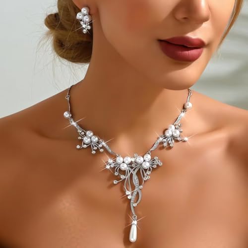 Pearl Bride Wedding Jewelry Set Faux Pearls Crystal Rhinestone Necklace Earrings Bracelet Sets for Women Bridesmaid(3 PCS) - color: Silver - Pearl A