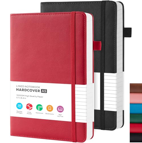 FOCUS DAY 2 Pack Notebooks Journals for Women/Men Work Writing, A5 Leather Diary Notebook with Pen Loop, 100GSM Lined Paper, Inner Pocket, for Gift, Office, School Supplies - color: Black_Red, size: A5