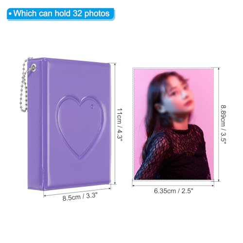 PATIKIL 3 Inch Mini Kpop Photocard Binder 2.5"x3.5" Album with 32 Pockets Small Bookshelf Love Heart Picture Holder Book for Collection, Purple - color: Purple