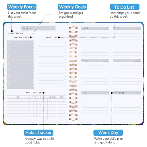 Thboxes A5 Weekly Planner, Undated Spiral To Do Notebook for Women, Purple - color: Purple Flower