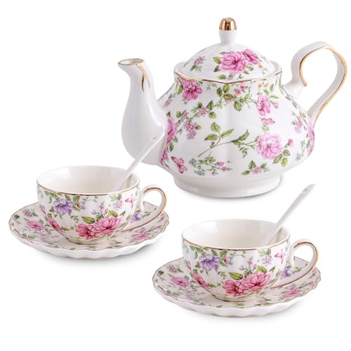 Flowers Ceramic Tea Set，Tea Sets for Adults, with Teapot, Spoons, Cup and Saucer for Tea Party (Pink And Purple Flowers) - color: Pink And Purple Flowers