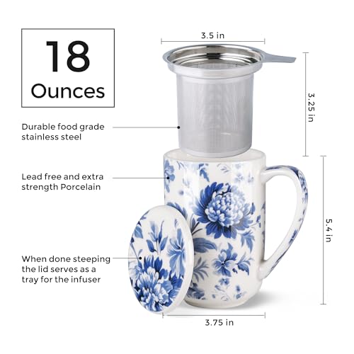 AmorArc Tea Cup With Infuser and Lid, 18oz Loose Leaf Tea Mug With Steeper - color: Mums