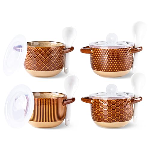 GBhome 22 Ounces Soup Bowls with Large Handles and Lids, Stoneware Bowls Set of 4 with Spoon for Soup, Cereal, Stew, Colourful Ceramic Kitchen Bowls, Microwave&Dishwasher Safe, Caramel - color: Caramel