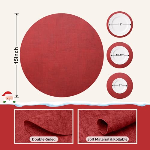 Placemats Set of 6, 15 Inch Round Faux Leather Place Mats - color: R-scarlet Red