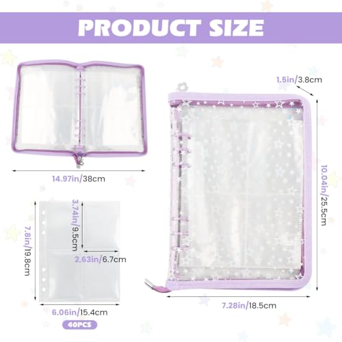 A5 Kpop Photocard Binder with 40 Sheet 4-Pocket Card Pages, Zip Closure Shinning Clear Cover 6 Ring Photocard Holder Binder Book 320 Pockets Mini Photo Organizing Storage Album (COLOR:Purple)