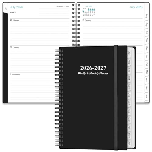 Planner 2026-2027 - A5 Weekly & Monthly Planner Spiral Bound, July 2026 - June 2027, with Flexible Cover, Tabs, Inner Pocket, 6.4" x 8.5", Black - color: Black, size: 6.4" x 8.5"