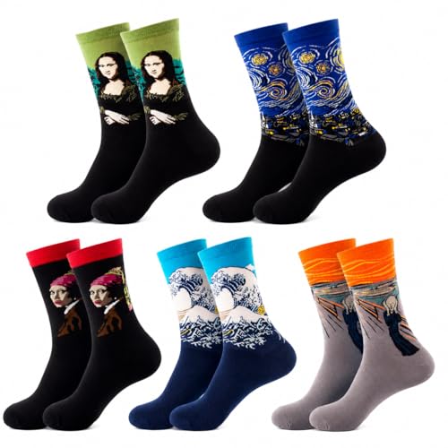 Colorful Funny Novelty Dress Socks for Men Women Teens Fathers Day Casual Fun Crazy Funky Graphic Crew Socks - color: 5 Pairs - Art Style -- Mona Lisa Pattern Socks, size: 6-12