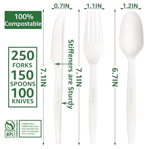 MISISIPI Compostable Forks Spoons Knives Silverware Utensil set Extra Heavyduty Eco-friendly BPI Certified Disposable Plastic free Utensils Cutlery Set Flatware Tableware (Cutlery Set-500) - style: Cutlery Set-500