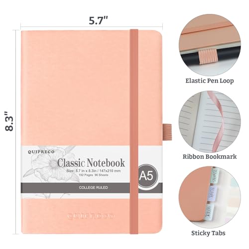 Lined Hardcover Journal Notebook, A5 192 Pages 100Gsm Thick Paper College Ruled for School,Note Taking,Work,Diary，5.7''*8.3'',Blush