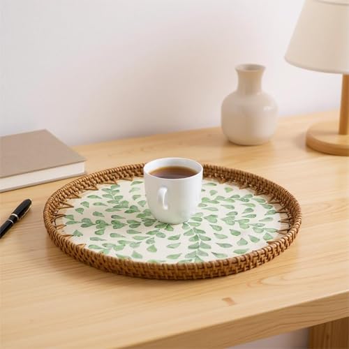 13.8" Round Mother of Pearl Inlay Green Willow Decor Rattan Serving Tray - color: Green Willow