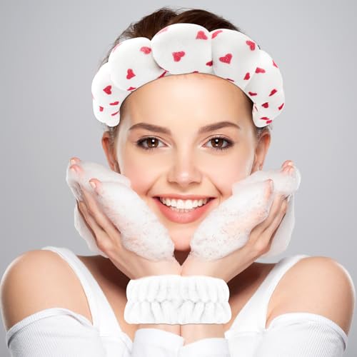 Zkptops Spa Headband for Washing Face Wristband Set Sponge Makeup Skincare Velvet Fabric Bubble Soft Get Ready Hairbands for Women Puffy Headwear Non Slip Thick Thin Hair Accessory (Red Heart) - color: ZYC Red Heart