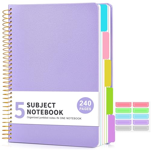 5 Subject Notebook College Ruled with Removable Pocket Dividers Tabs, 240 Pages Spiral Notebook 8.5 x 11, Lined Journal Notebook for Women , Hardcover Notebooks for Work School Note taking A4 Purple - color: Purple, size: A4