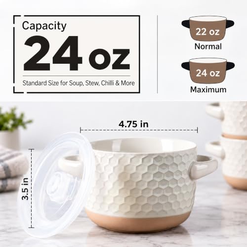 AmorArc 24 oz Soup Bowls with Lids, Ceramic Soup Containers with Handle - color: Light Beige(Geometric), size: Set of 2