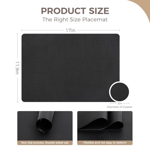 NCUE Vinyl Placemats Set of 8, 17"x12" Wipeable Place Mats with Coasters - color: Black, size: Set of 8