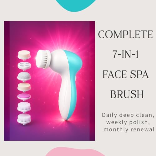 Facial Cleansing Brush Face Scrubber, 7-in-1 Electric Spin Cleanser Brushes with 6 Brush Heads for Deep Cleansing, Gentle Exfoliating, Removing Blackheads, Massaging (White & Aqua Blue) - color: White & Aqua Blue