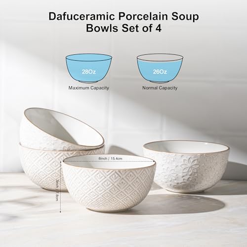Dafuceramic 26 oz Ceramic Soup Bowls, Cereal Bowls Set of 4 – Oven & Microwave Safe French Onion Soup Bowls, Unique Embossed Patterns, Dishwasher Safe for Soups, Stews & Desserts